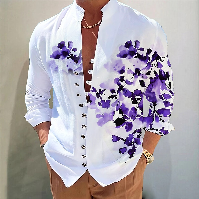 Men's Floral Shirt Button Up Shirt Long Sleeve Fashion Designer Casual Vacation Daily Going out Fall Autumn / Fall Spring & Summer Stand Collar Print Yellow Blue Purple Green Gray3
