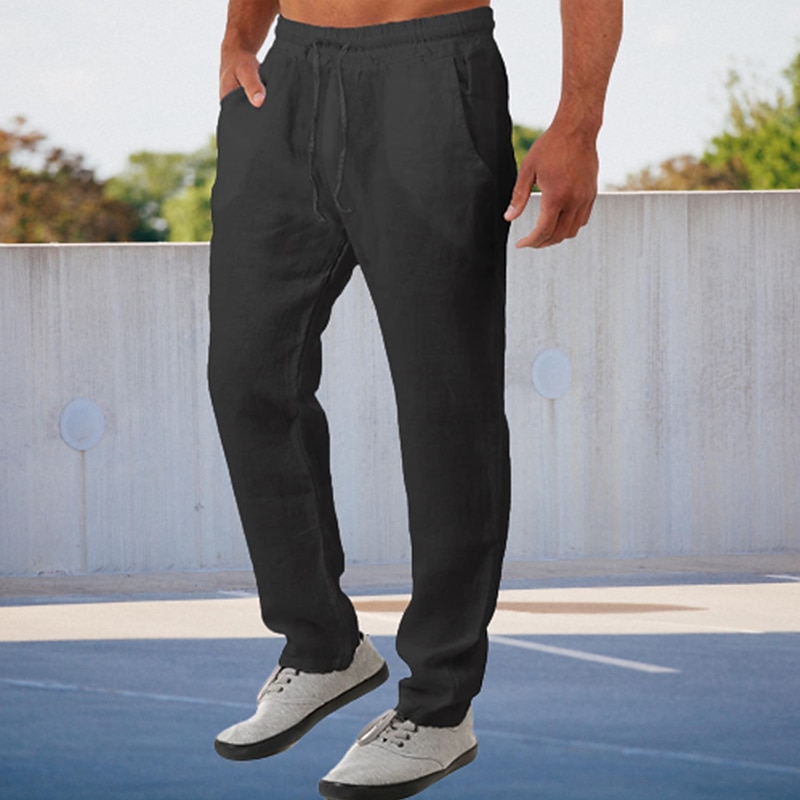 Men's Linen Pants Trousers Summer Pants Pocket Plain Comfort Breathable Outdoor Daily Going out Fashion Streetwear Black White3