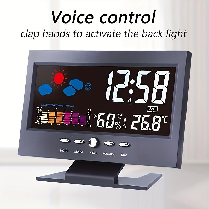 Weather Clock With Time Date Week Temperature Humidity Display Weather Forecast Function With Voice-activated Backlight Function 15.6X4X9.6CM/6.1*3.7*1.5in