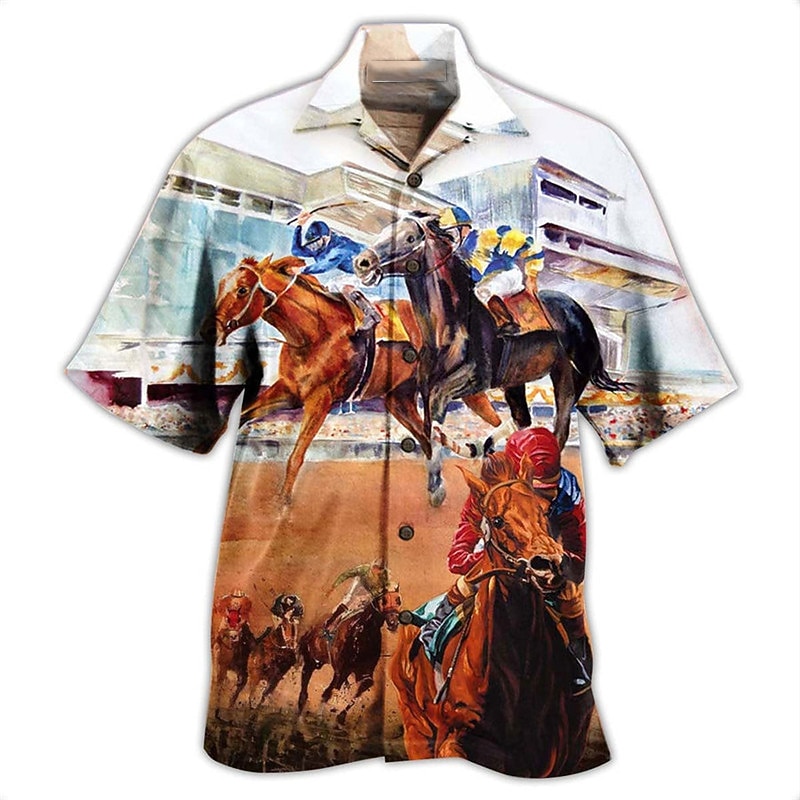 Kentucky Derby Men's Horse American Flag Horse Racing Shirt Summer Hawaiian Shirt Button Up Shirt Short Sleeve Sports Fashion Streetwear Outdoor Casual Hawaiian Summer Spring Cuban Collar Print Funny2
