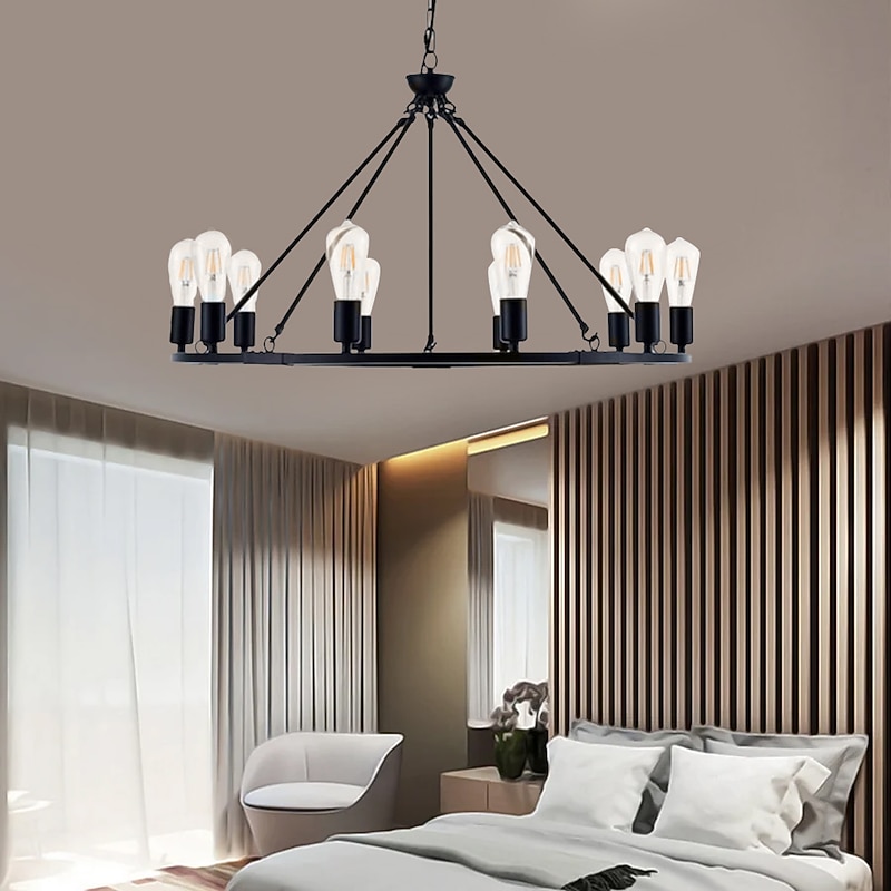 LED Pendant Light Vintage Painted Metal Chandelier Lighting, with 6/8/10/12 Lights, Rustic Vintage Farmhouse Chandelier Lighting, Carriage Wheel Pendant, Black4