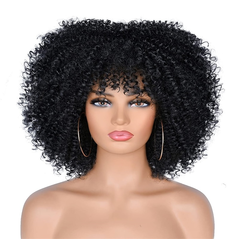 10Inch Short Curly Afro Wigs for Black Women Bomb Afro Kinky Curly Wig with Bangs Synthetic Fiber Full Wig