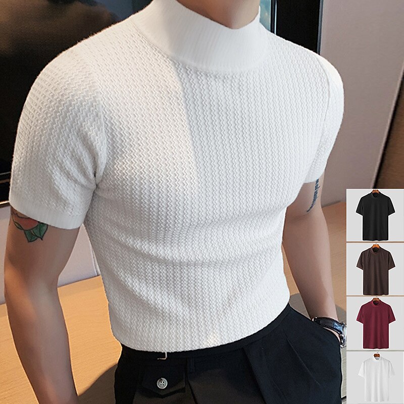 Men's T Shirt Knit Tee Tee Top Mock Turtleneck Short Sleeves Turtleneck Summer Plain Fashion Designer Basic Knitting Vacation Street Going out Black White Coffee Top Tee for Men