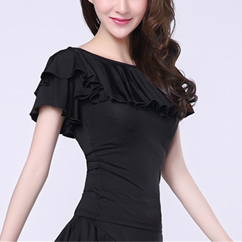 Latin Dance Ballroom Dance Activewear Top Ruffles Pure Color Splicing Women's Performance Training Short Sleeve Milk Fiber