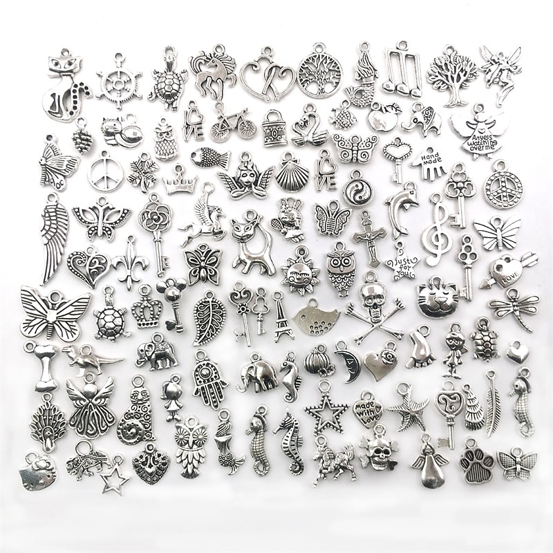100 PCS Bulk Lots Jewelry Making Silver Charms Mixed Smooth Tibetan Silver Metal Charms Pendants DIY For Necklace Bracelet Jewelry Making And Crafting2