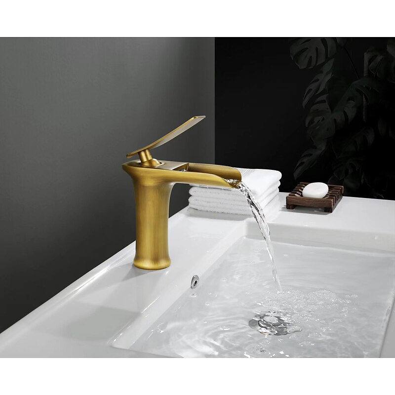 Waterfall Bathroom Sink Mixer Faucet 4.7" Spout, Mono Wash Basin Single Handle Basin Taps Washroom with Hot and Cold Hose, Monobloc Vessel Water Brass Tap Deck Mounted4