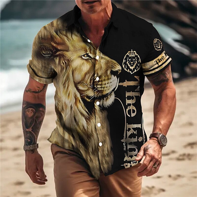 Men's Animal Lion Letter Shirt Button Up Shirt Short Sleeve Fashion Designer Casual Outdoor Casual Summer Spring Turndown Print Black Yellow Blue Green