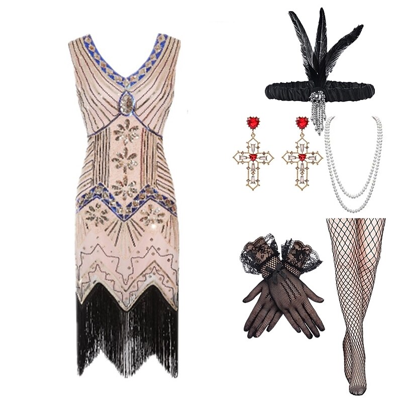 1920s Flapper Dress with 20s Accessories Set Women's Sequins Tassel Fringe Costume Retro Vintage Cosplay Party & Evening Cocktail Dress3