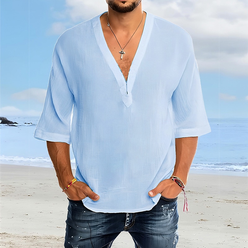 Men's Shirt Cotton Linen Shirt White Cotton Shirt Summer Shirt Casual Shirt Beach Shirt Plain Vacation Casual White Pink Blue Short Sleeve V Neck Spring & Summer Clothing Apparel4