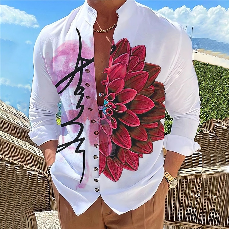 Men's Floral Shirt Button Up Shirt Long Sleeve Fashion Designer Casual Outdoor Vacation Daily Fall Autumn / Fall Spring & Summer Stand Collar Print Yellow Blue Fuchsia Green Gray4