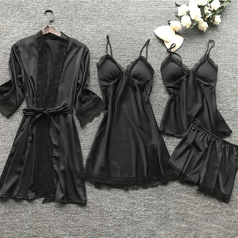 Women's Pajamas Sets 4 Pieces Pure Color Simple Casual Soft Home Daily Bed Breathable V Wire Long Sleeve Robe Top Shorts Elastic Waist Summer Spring Home Outfits3