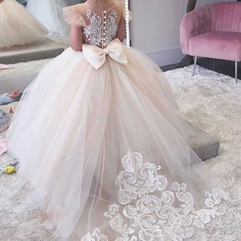 Flower Girl Dress Girls' First Communion Dress Party Dress Performance Wedding Party Princess Sweet Mesh Solid Color Sleeveless Crew Neck White Champagne 2-12 Years4