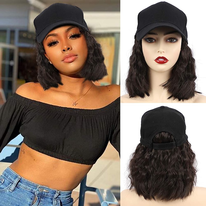 Hat Wig for Women Short Wave Baseball Cap Wig with Curly Hair Extensions Wig Synthetic Wave Wig Hat Adjustable Brown Black Baseball Hat Wig