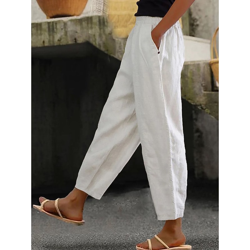 Women's Cotton Linen Pants Baggy Pants Linen Like Solid Color Fashion Ankle-Length Plain Side Pockets Comfort Inelastic Casual Weekend White Regular Fit