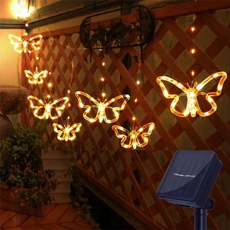 Elegant Wedding Reception Party Outdoor Solar Butterfly Fairy String Light Waterproof Fairy Butterfly Window Curtain Icicle Light For Garden Wedding Party Backdrops Yard Holiday Decor Lighting