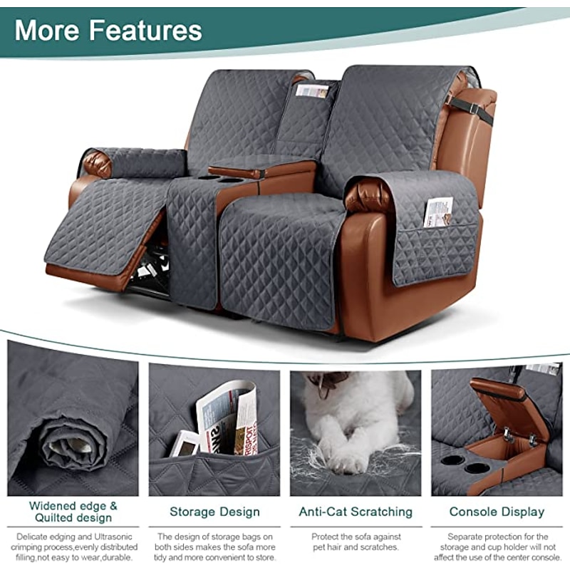 Loveseat Reclining Couch Covers with Console, Non-Slip Pet Cover for Dual Loveseat Recliner with Elastic Straps, Split Reclining Loveseat Cover Recliner Furniture Protector2