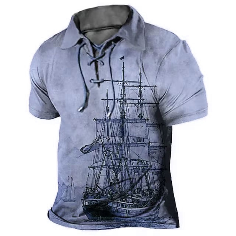 Men's Graphic Prints Vintage Boat Polo Shirt Golf Shirt Short Sleeve Shirt Turndown Outdoor Street Lake blue Blue Brown Khaki Gray Drawstring Print Clothing Apparel Sports Fashion Streetwear Designer4