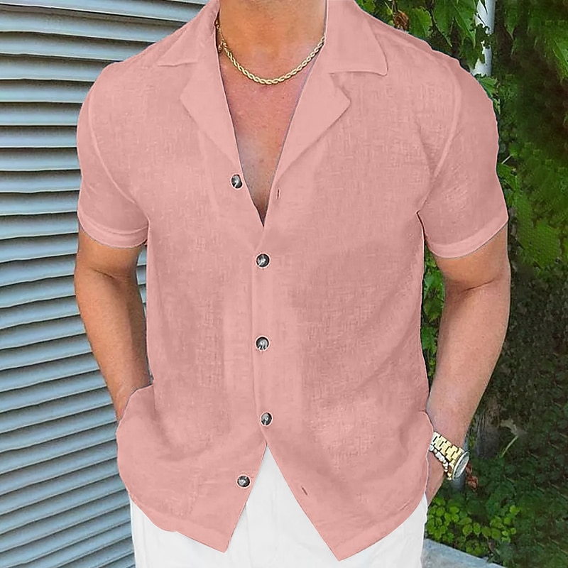 Men's Shirt Linen Shirt Summer Shirt Beach Wear Button Up Shirt Plain Vacation Casual Black White Pink Blue Short Sleeve Camp Collar Summer Clothing Apparel2