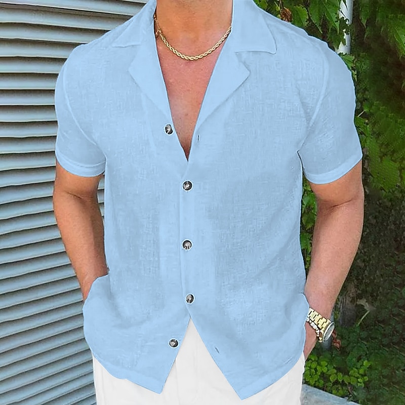 Men's Shirt Linen Shirt Summer Shirt Beach Wear Button Up Shirt Plain Vacation Casual Black White Pink Blue Short Sleeve Camp Collar Summer Clothing Apparel
