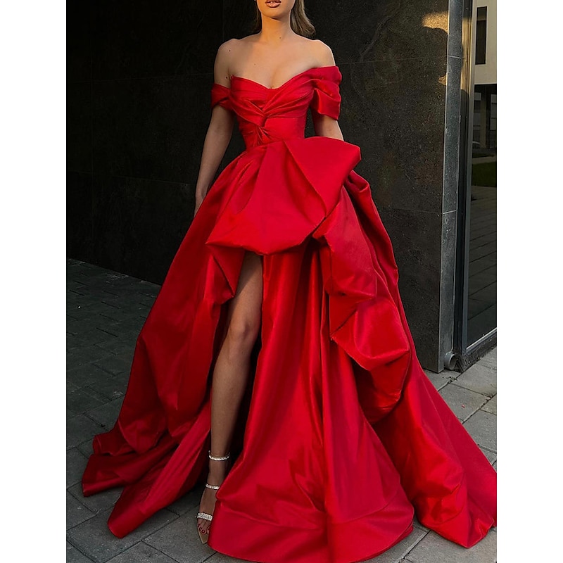 A-Line Evening Gown Party Dress Masquerade Prom Sweep / Brush Train Sleeveless Off Shoulder Satin with Slit2