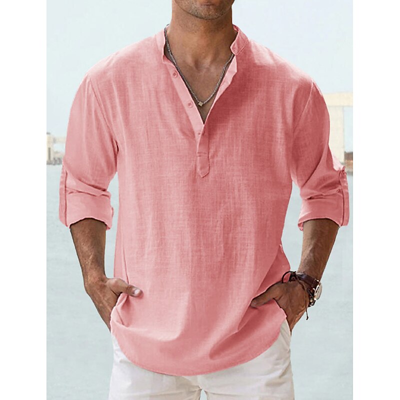 Men's Shirt Linen Shirt Summer Shirt Beach Shirt Plain Hawaiian Holiday White Pink Blue Green Long Sleeve Stand Collar Spring & Summer Clothing Apparel Basic3