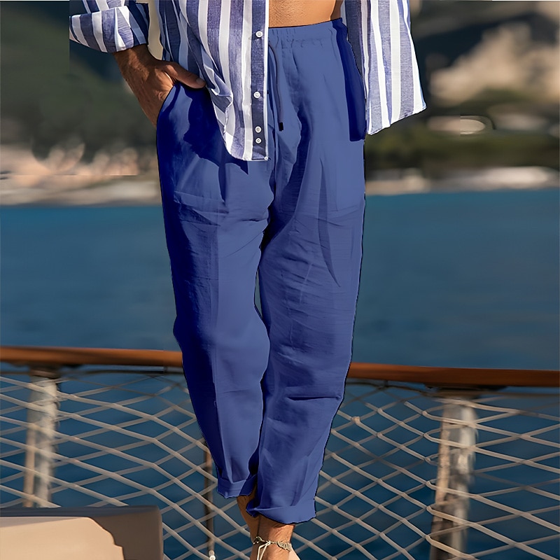 Men's Linen Pants Trousers Summer Pants Beach Pants Drawstring Elastic Waist Straight Leg Plain Comfort Breathable Casual Daily Holiday Fashion Classic Style White Army Green2