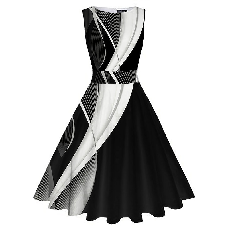 Women's Retro 1950s Vintage Tea Dresses Midi Dress Daily Date Ruched Print Note Crew Neck Sleeveless Slim Summer Spring 2023 Black White S M L XL