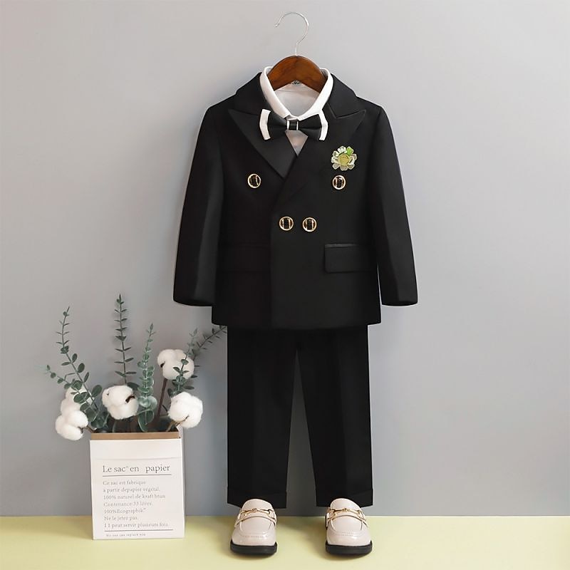 2 Pieces 5 Roots Ring Bearer Suit Boys Kids Suit Formal Suit Suit & Blazer Shirt & Pants Outdoor Casual Fashion Cool Solid Color Black White Red Cotton4