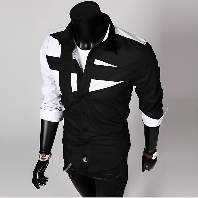 Men's Dress Shirt Collared Shirt Button Up Shirt Color Block Wedding Outdoor ArmyGreen. Black White Wine Long Sleeve Collar Spring Fall Clothing Apparel Patchwork