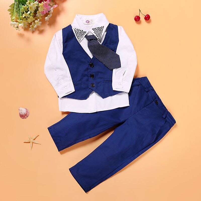 Boys 4 Pcs Suit Set Shirt & Pants Formal Set Clothing Set Outfit Solid Color Long Sleeve Set Formal Fashion Summer Spring 7-13 Years Blue