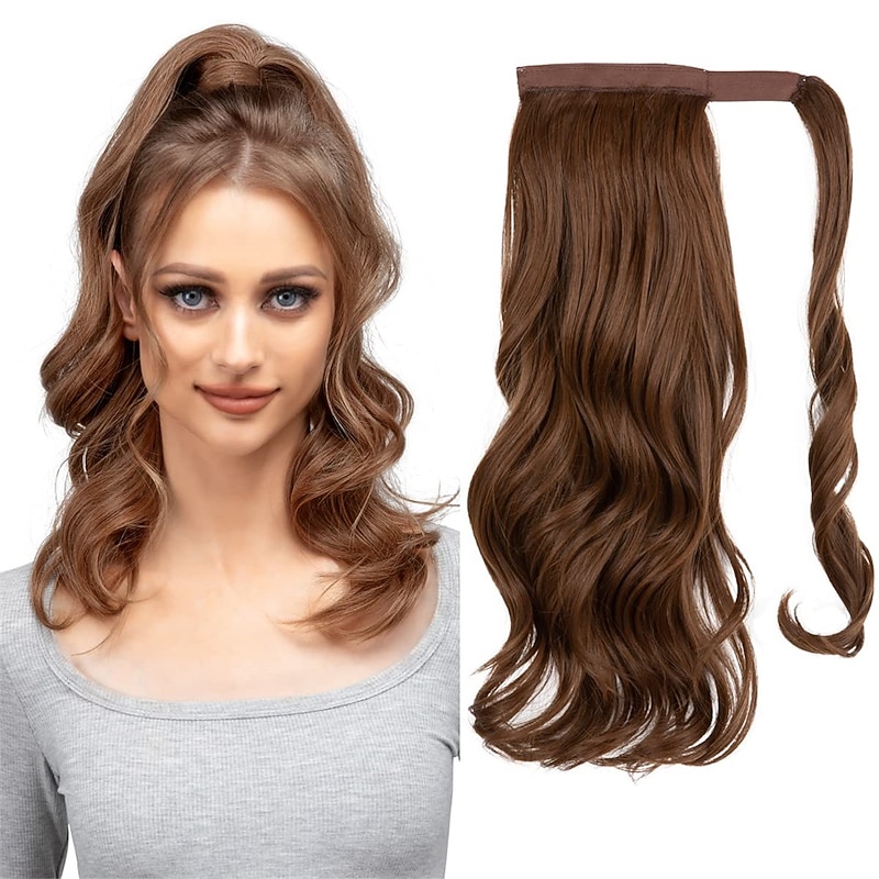 22 Ponytail Extension Long Dirty Blonde Pony Tail Wrap Around Clip in Hair Extensions Curly Wavy Synthetic High Resistant Fiber Fake Hairpiece for White Women