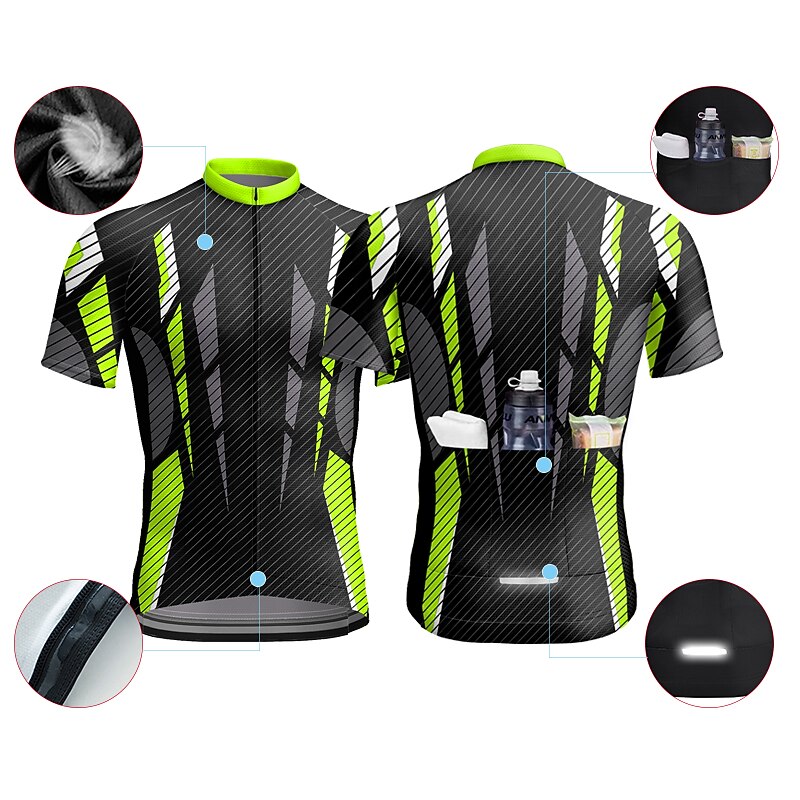 Men's Cycling Jersey Geometic Short Sleeve Bike Jersey Top with 3 Rear Pockets Mountain Bike MTB Road Bike Cycling Quick Dry Reflective Strips Back Pocket Moisture Wicking Sports Blue Dark Green Green2
