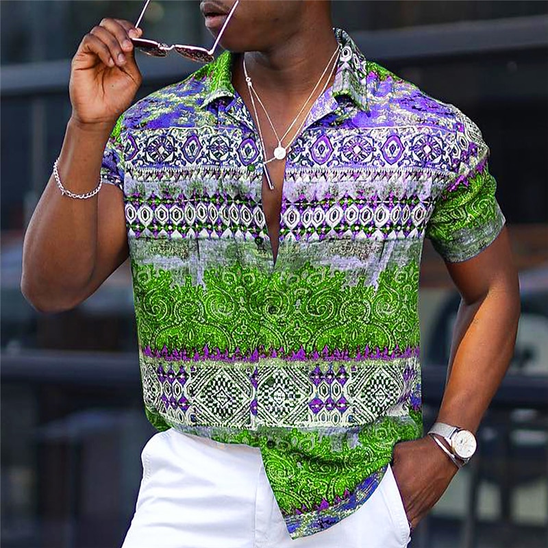 Men's Floral Tribal Vintage Shirt Button Up Shirt Vintage Hawaiian Shirts Short Sleeve Sports Fashion Streetwear Outdoor Casual Holiday Summer Spring Cuban Collar Print Lake blue Yellow Light Green4