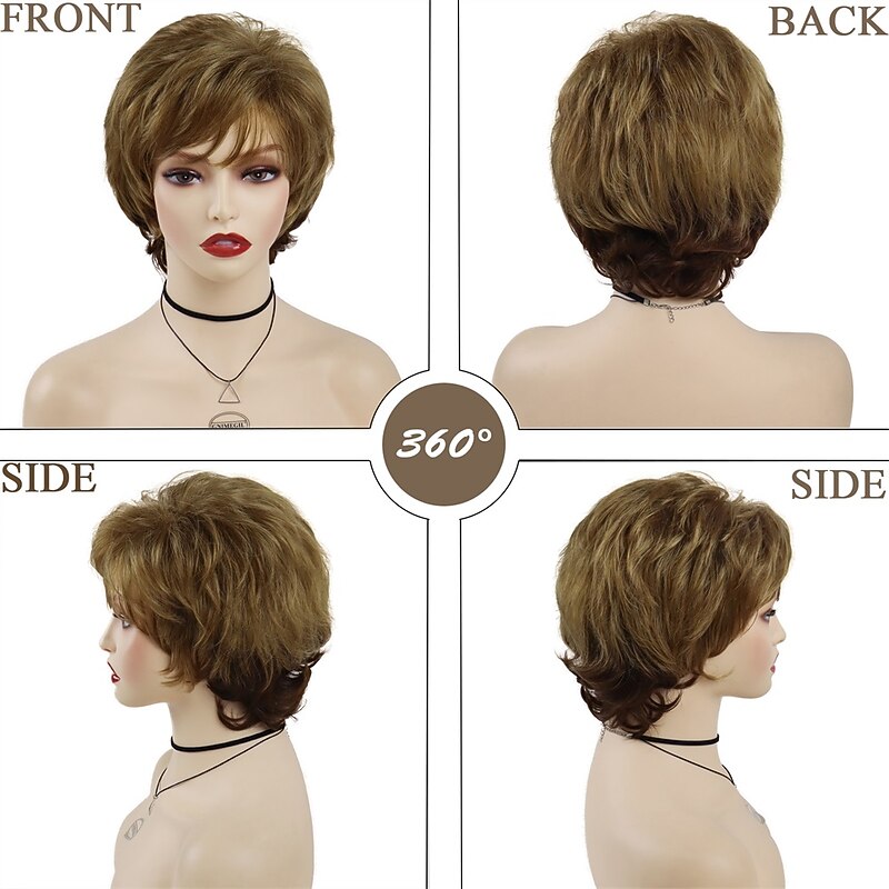Synthetic Short Wigs for White Women Sandy Blonde Wig with Bangs Mix Brown Color Curly Wig Hair Ombre Elderly Wig Mom2