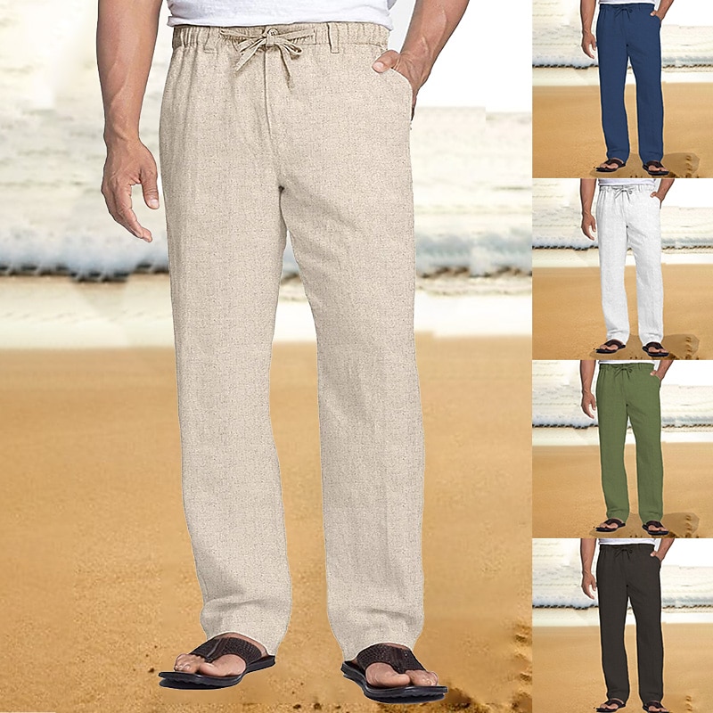 Men's Linen Pants Trousers Summer Pants Beach Pants Drawstring Elastic Waist Straight Leg Plain Comfort Breathable Casual Daily Holiday Fashion Classic Style Black White2