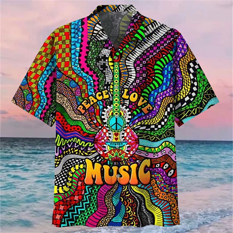 Men's Music Hippie Shirt Summer Hawaiian Shirt Button Up Shirt Short Sleeve Sports Fashion Streetwear Outdoor Casual Hawaiian Summer Spring Cuban Collar Print Blue Purple Rainbow