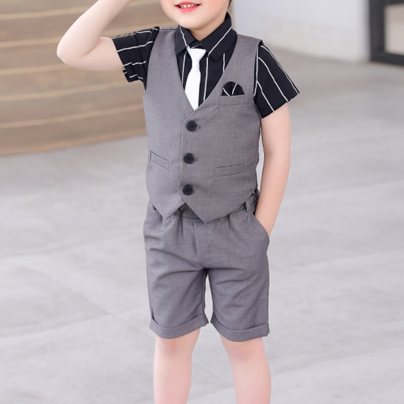 3 Pieces Ring Bearer Suit Boys Kids Shirt & Shorts Casual Fashion Basic Stripe Black White Gray Cotton3