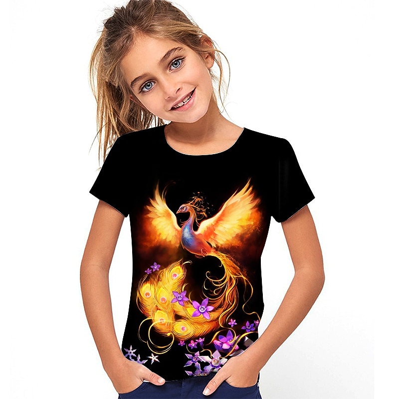 Girls' 3D Floral Animal Wolf T shirt Short Sleeve 3D Print Summer Spring Active Fashion Cute Kids 3-12 Years Outdoor Daily Regular Fit4