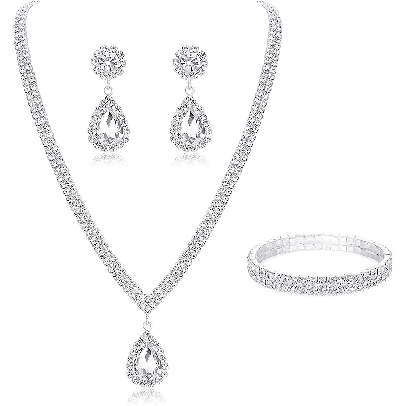 Bridal Jewelry Sets Three-piece Rhinestone Alloy Earrings Necklace Bracelets Women's Stylish Simple Luxury Tennis Chain Drop Jewelry Set For Wedding Party Evening Engagement dress to impress2