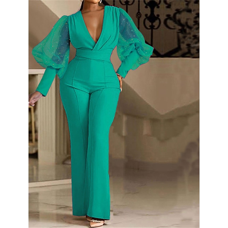 Women's Normal Jumpsuit Elegant Solid Color Long Sleeve V Neck High Waist Wedding Party Regular Fit Blue Fuchsia Green Spring4