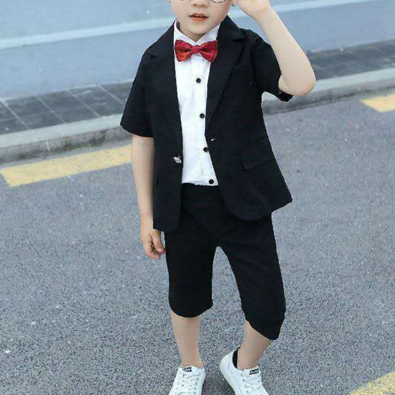 3 Pieces Kids Boys Suit & Blazer Shirt & Shorts Outfit Solid Color Short Sleeve Cotton Set Casual Fashion Cool Summer Spring 7-13 Years Black White Blue2