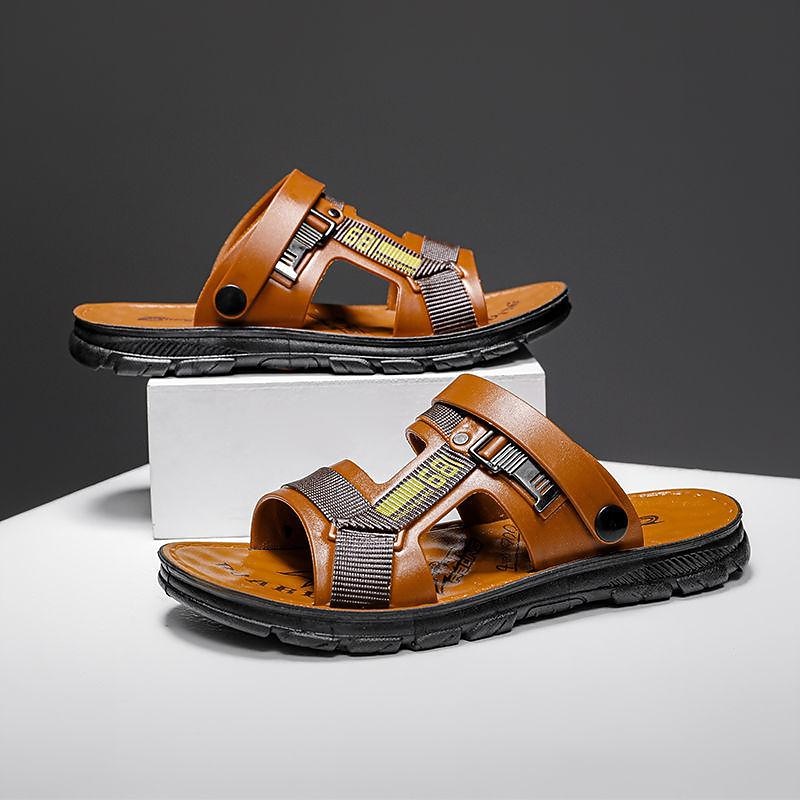 Men's Brown Faux Leather Strap Sandals with Adjustable Buckles - Comfortable Outdoor Casual Summer Footwear