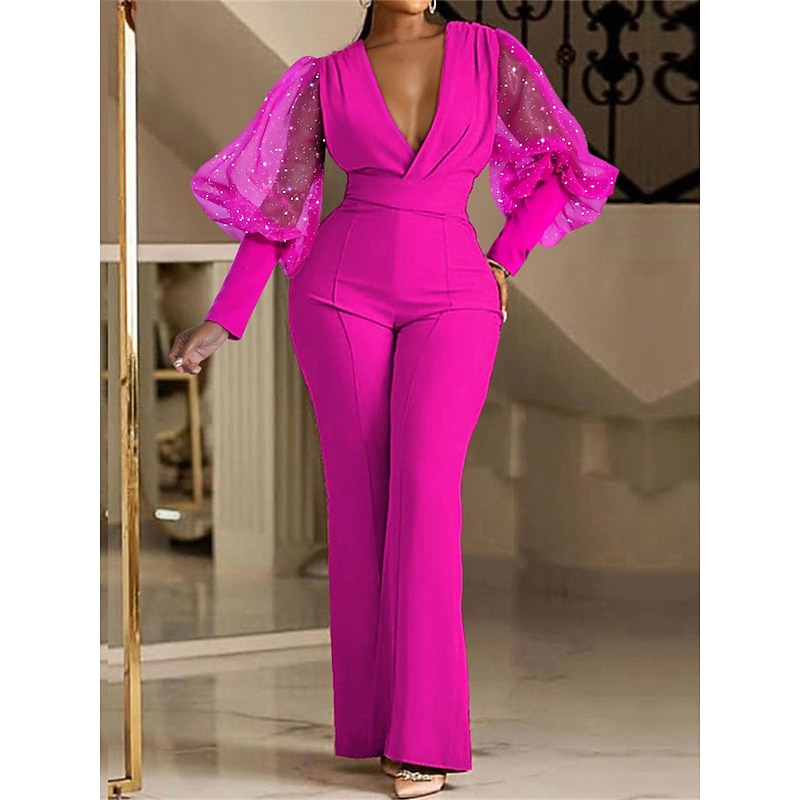 Women's Normal Jumpsuit Elegant Solid Color Long Sleeve V Neck High Waist Wedding Party Regular Fit Blue Fuchsia Green Spring