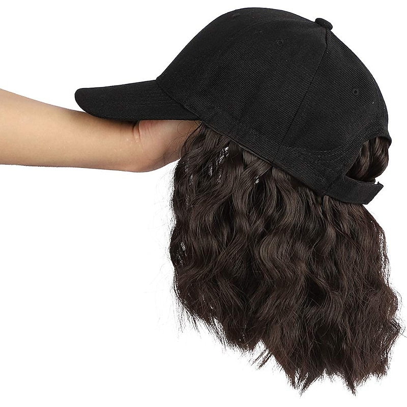 Hat Wig for Women Short Wave Baseball Cap Wig with Curly Hair Extensions Wig Synthetic Wave Wig Hat Adjustable Brown Black Baseball Hat Wig4