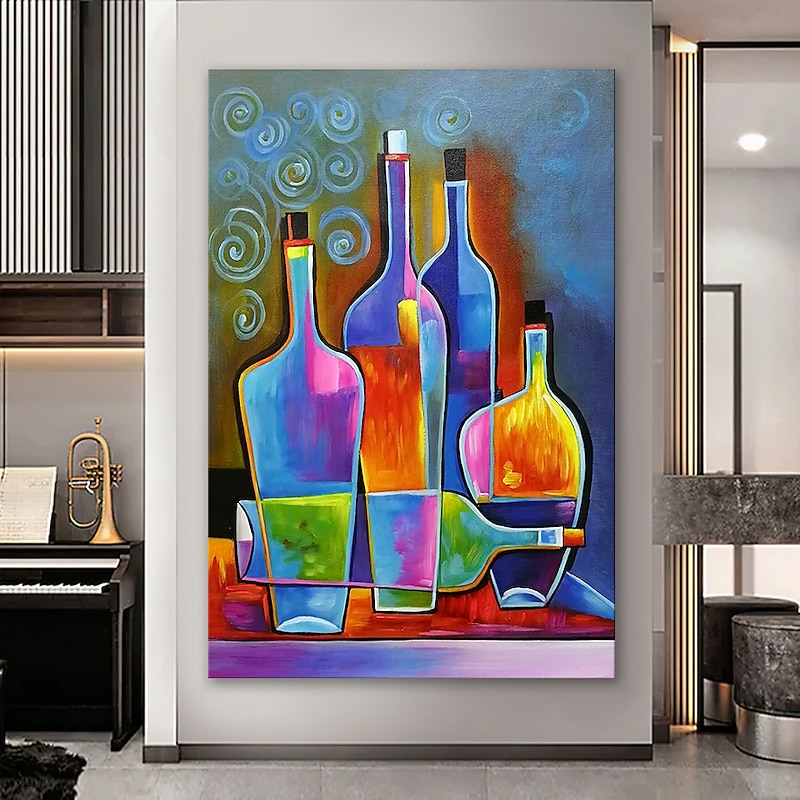 Oil Painting 100% Handmade Hand Painted Wall Art On Canvas Wine Bottle Colorful Vertical Still Life Modern Home Decoration Decor Rolled Canvas No Frame Unstretched