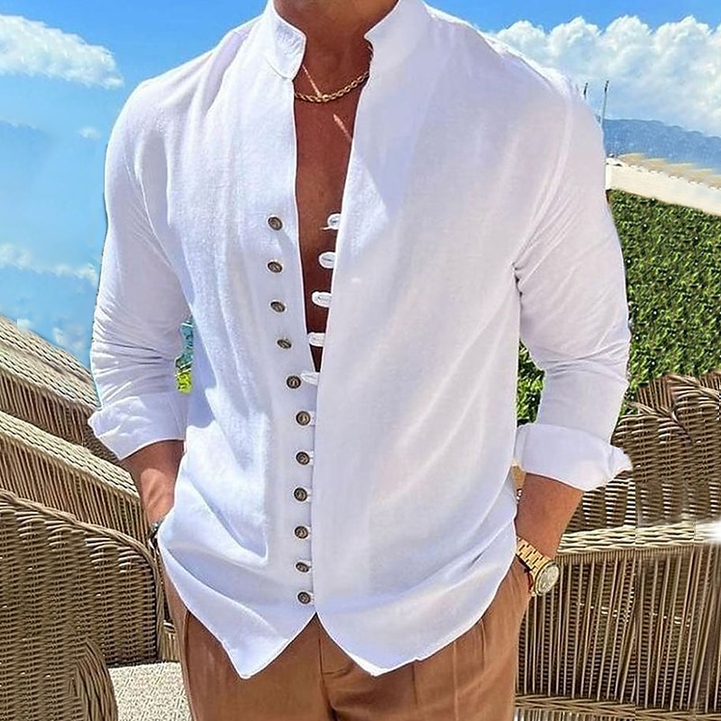 Men's Shirt Linen Shirt Summer Shirt Elegant Button Up Shirt Casual Shirt Black White Pink Blue Long Sleeve Plain Band Collar Summer Spring &  Fall Daily Vacation Clothing Apparel
