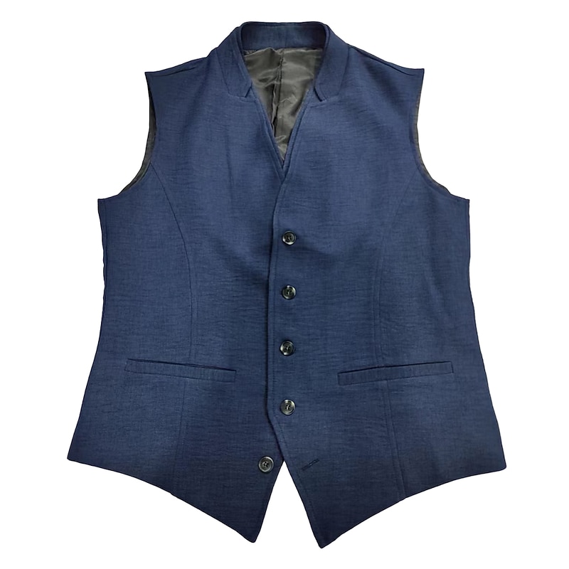 Men's Vest Waistcoat Wedding Business Daily Business Casual Spring Fall Pocket Polyester Breathable Plain Single Breasted V Neck Regular Fit Navy Blue Vest4