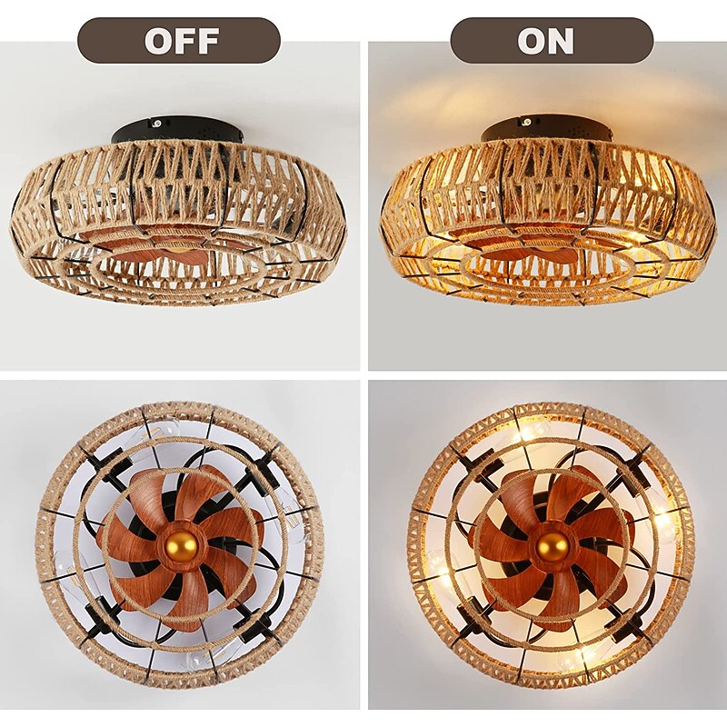 Ceiling Fan with Light and Remote, 20" Cage Low Profile Bladeless Farmhouse Flush Mount Boho Ceiling Fans Light, Enclosed Industrial Ceiling Fan 6 Speed Reversible w/ 4 Bulbs.3