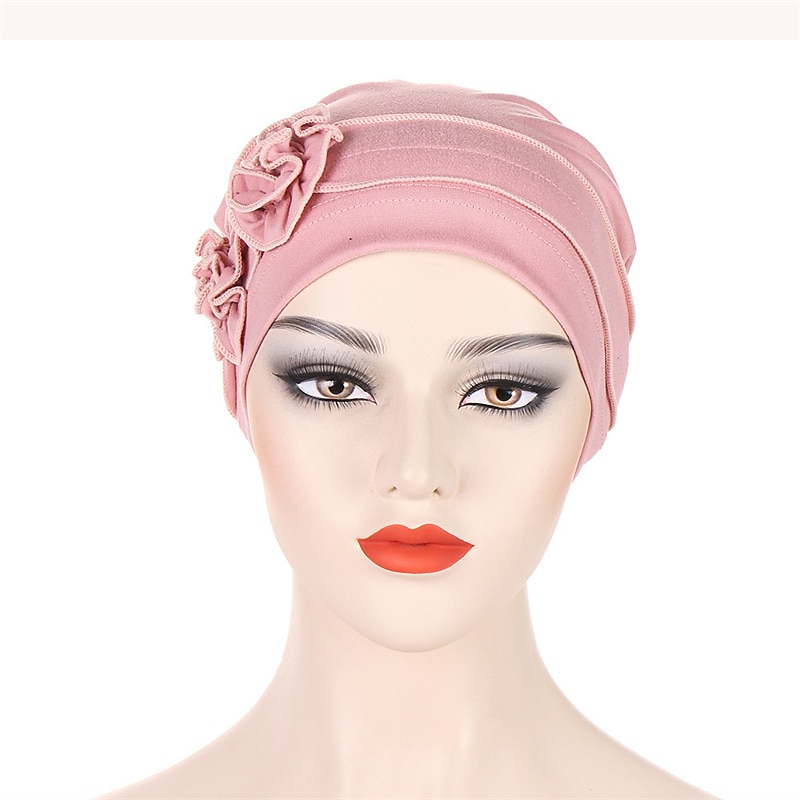 1pcs Beanie Hat Headwear Turban Covers Two Flower Head Wraps Turban Hat Classic Vintage Women Solid Color Soft Headgear2