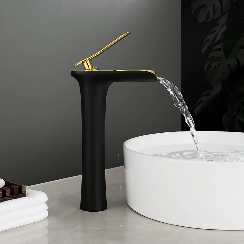 Waterfall Bathroom Sink Mixer Faucet Tall, Mono Wash Basin Single Handle Basin Taps Washroom with Hot and Cold Hose Monobloc Vessel Water Brass Tap Deck Mounted 9
